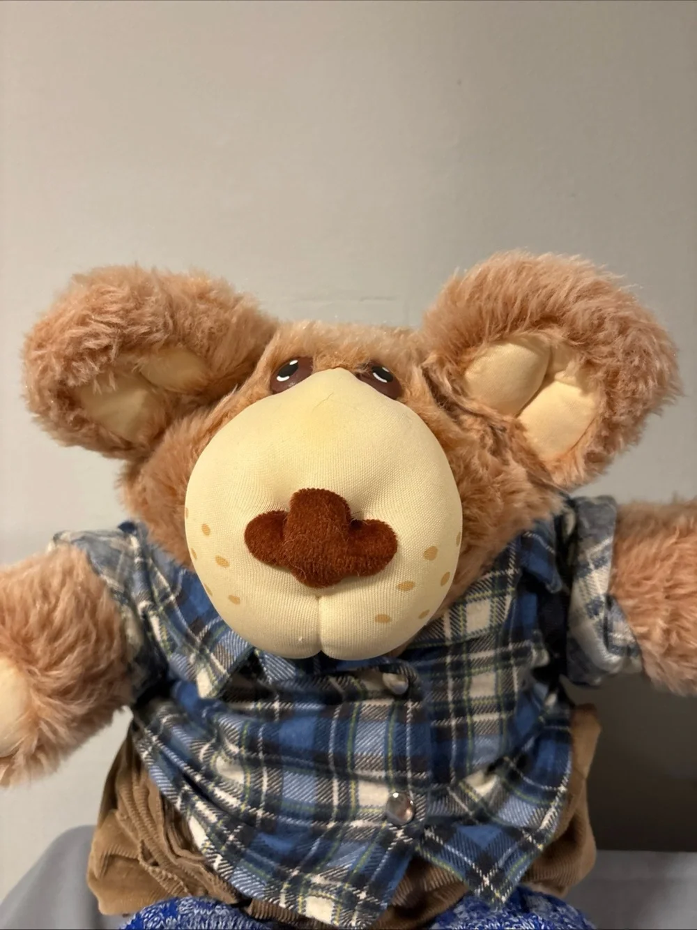 Brown Plush Bear Accent with Blue Plaid Shirt